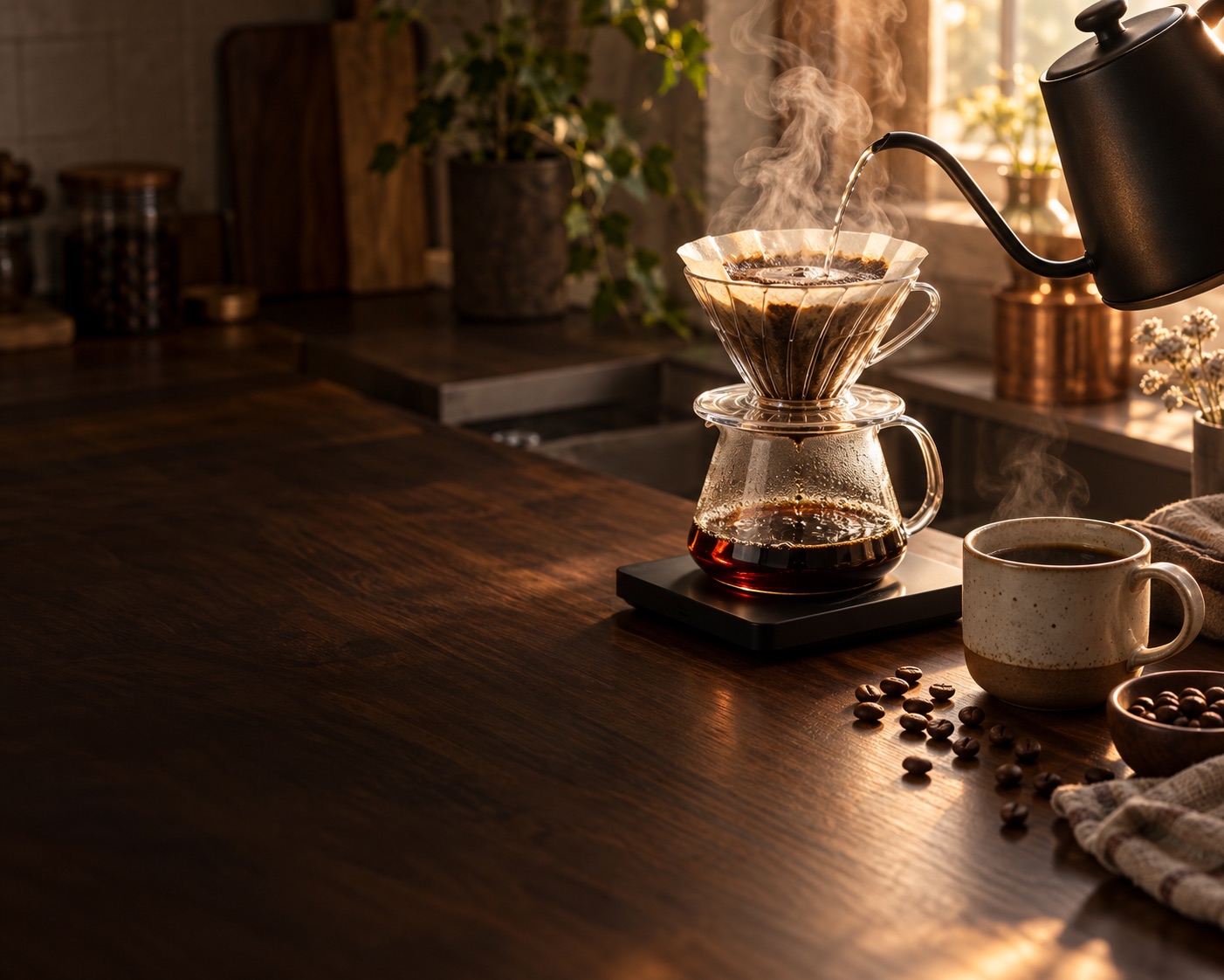 Gooseneck kettle pouring water into a glass pour-over dripper on a coffee scale, with a mug of black coffee and scattered beans on a walnut counter in morning light